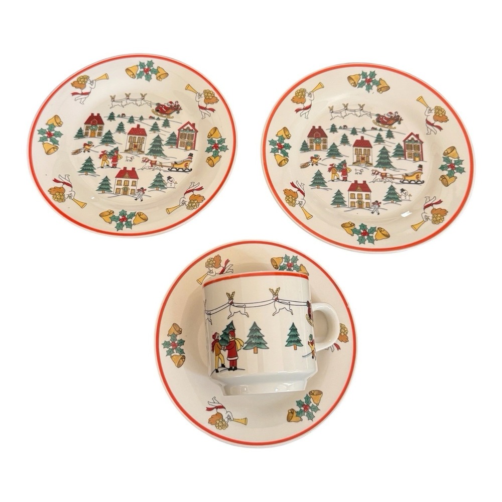 Jamestown China 1987 Joy of Christmas Holiday Snack Set Mug Saucer 2 Plates VTG